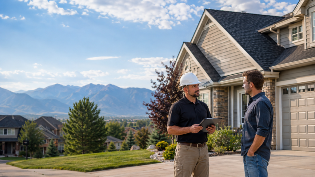 Roofing professional discussing a home roof inspection with a homeowner in Colorado Springs