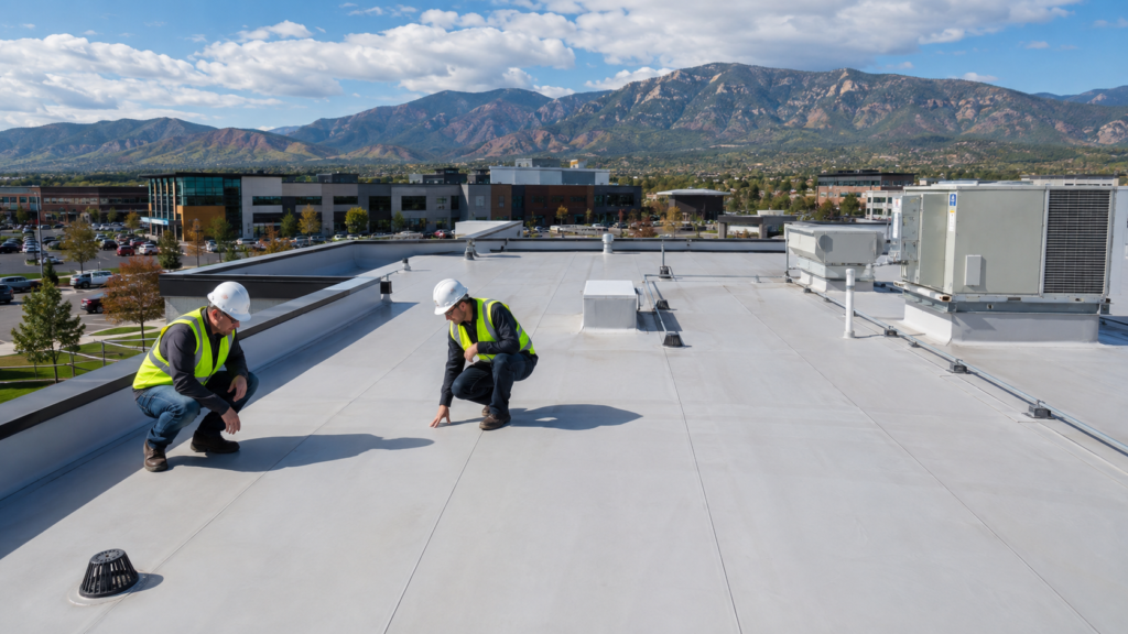 Commercial flat roofing system on a business building in Colorado Springs