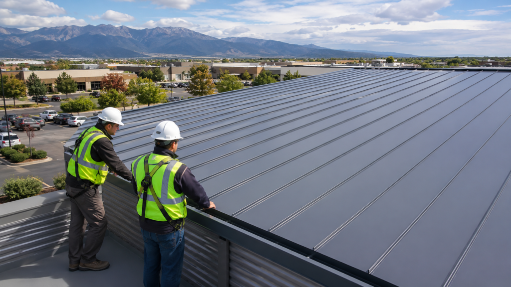 Standing seam metal roofing system on a commercial building in Colorado Springs