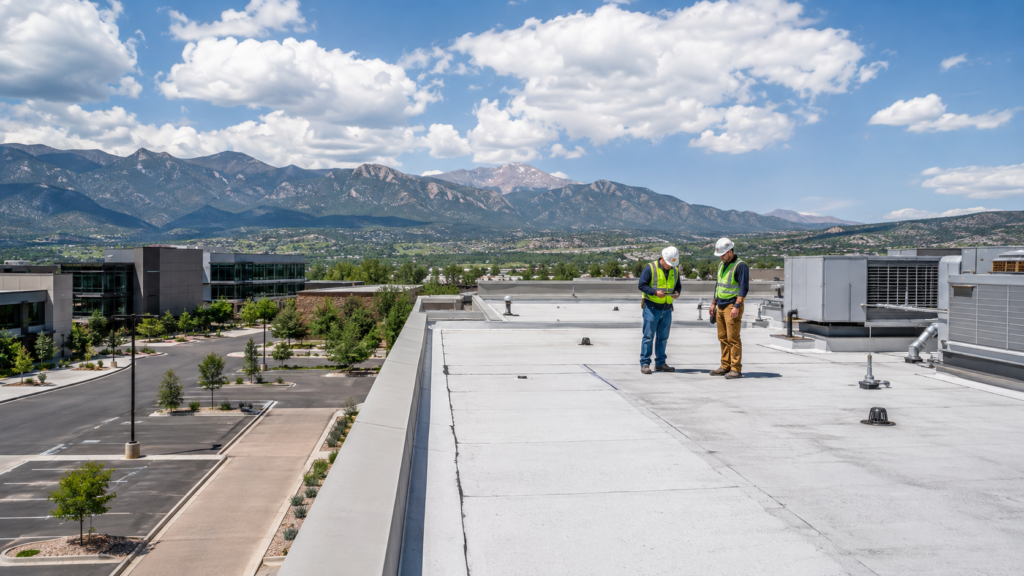 Commercial roofing professionals inspecting a business building in Colorado Springs