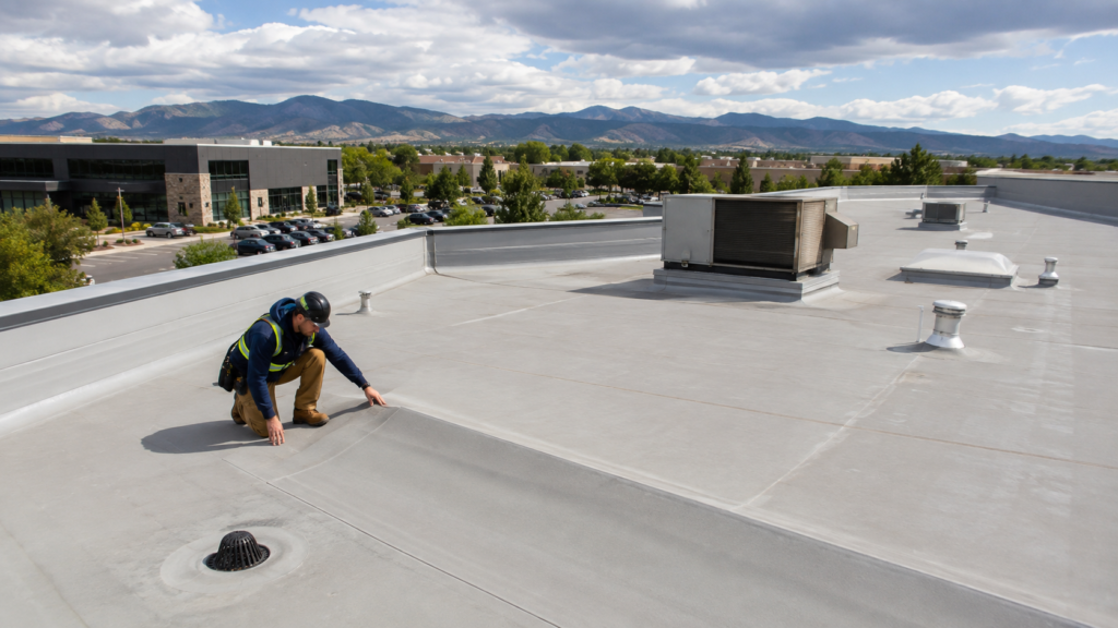 Low-slope commercial roofing system being inspected in Colorado Springs