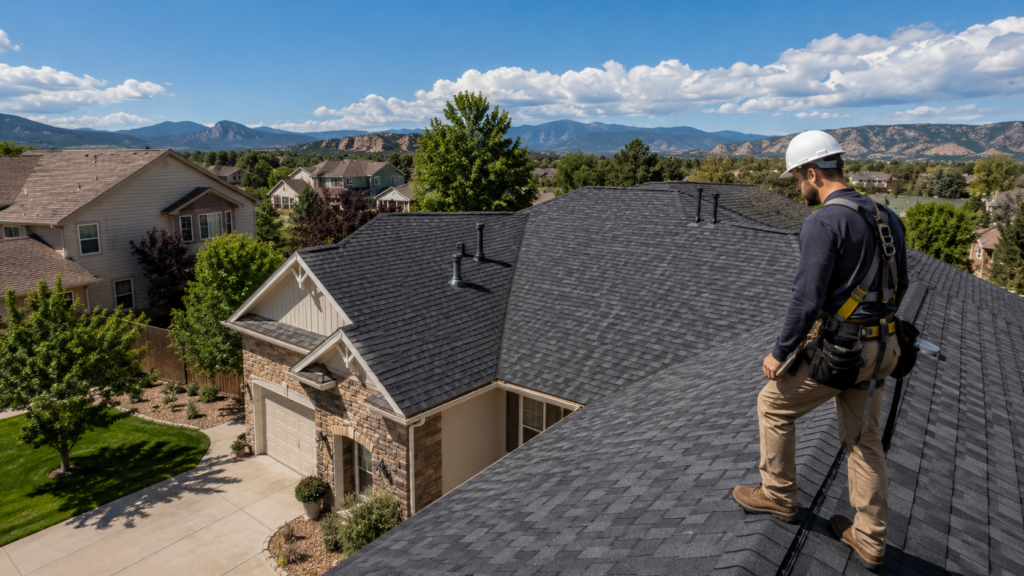 Newly replaced asphalt shingle roof on a Colorado Springs home