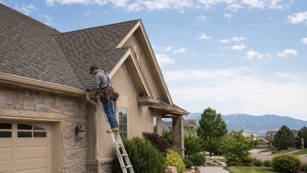 Professional roofer inspecting a residential roof in Colorado Spring