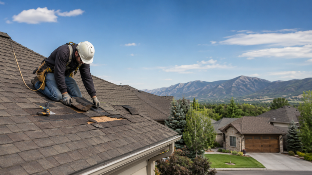 Professional roofer repairing damaged shingles on a Colorado Springs home