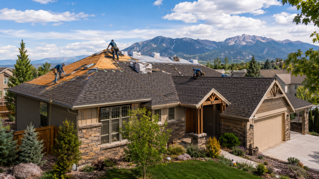 Roofing professionals installing a new asphalt shingle roof in Colorado Springs
