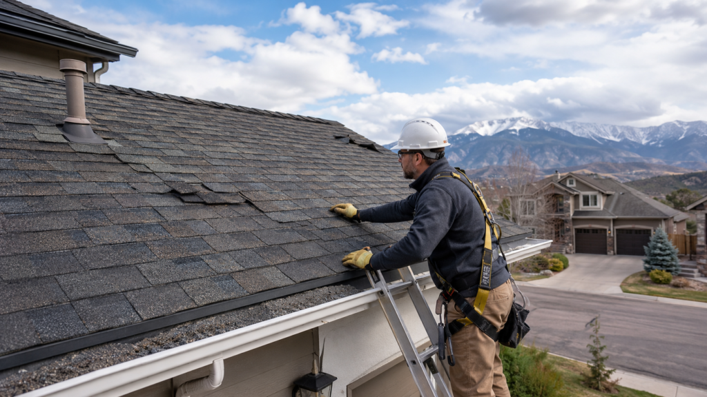 Damaged and deteriorating roof shingles on a Colorado Springs home